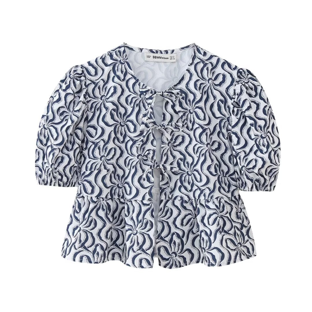 Blusa informal de leopardo con volantes, mangas abullonadas y lazo para mujer