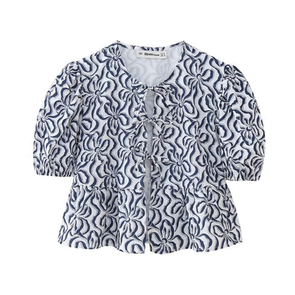 Blusa informal de leopardo con volantes, mangas abullonadas y lazo para mujer