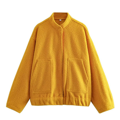 Chaqueta holgada informal de color liso con cuello alto para mujer