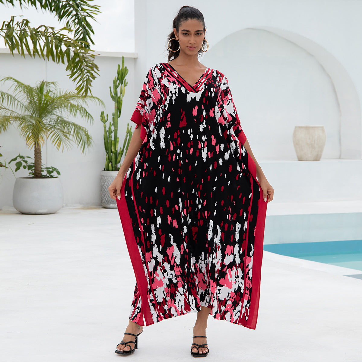 Traje de baño de playa holgado con cuello en V y estampado informal para mujer