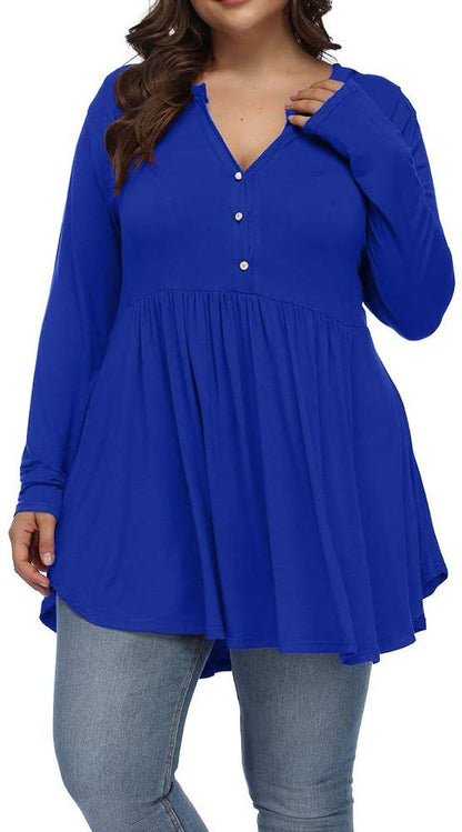 Camiseta informal de manga larga plisada con botones y escote en V de color liso para mujer, talla grande