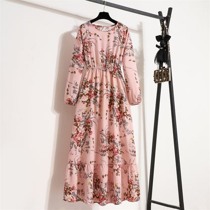 Vestido largo informal de manga larga con cuello redondo y estampado floral para mujer