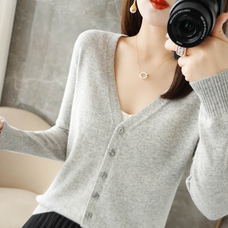 Chaqueta de punto con cuello en V informal de manga larga para mujer
