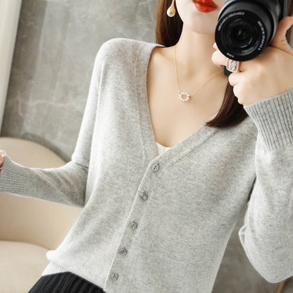 Chaqueta de punto con cuello en V informal de manga larga para mujer