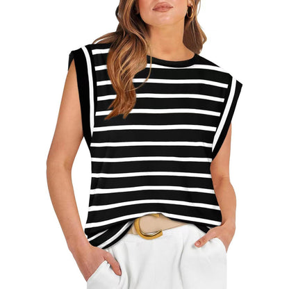Camiseta informal holgada de verano con rayas y color liso para mujer