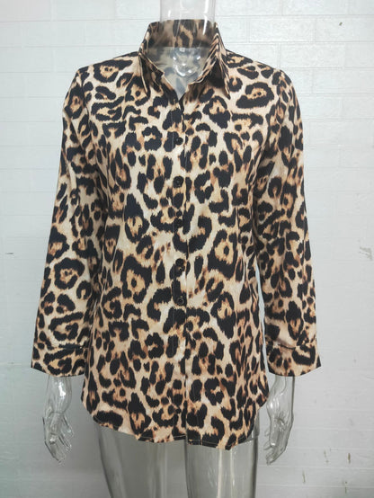 Camisa informal de manga larga con solapa y estampado de rayas de leopardo para mujer