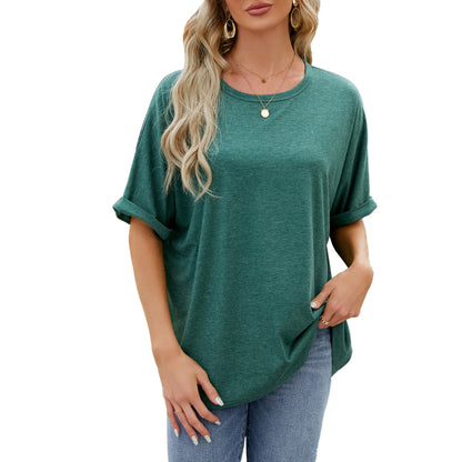 Camiseta informal de verano para mujer, color liso, cuello redondo y manga corta
