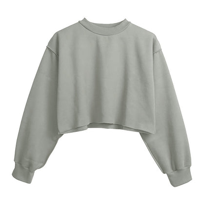 Sudadera corta informal de manga larga con cuello redondo y color liso para mujer de otoño e invierno