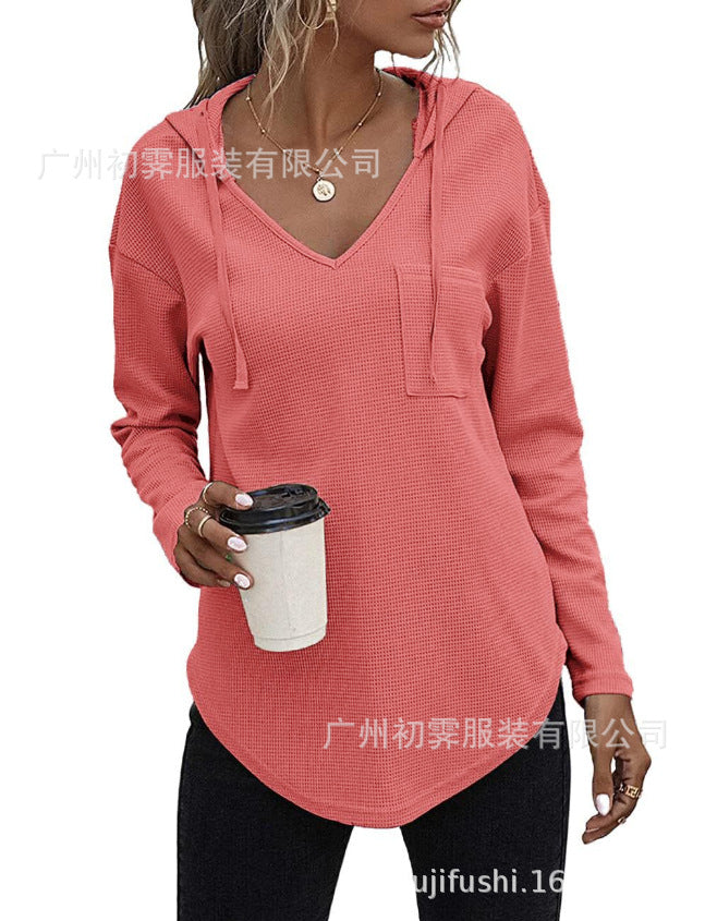 Women Fashion Casual V-Neck Drawstring Long Sleeve Hoodies