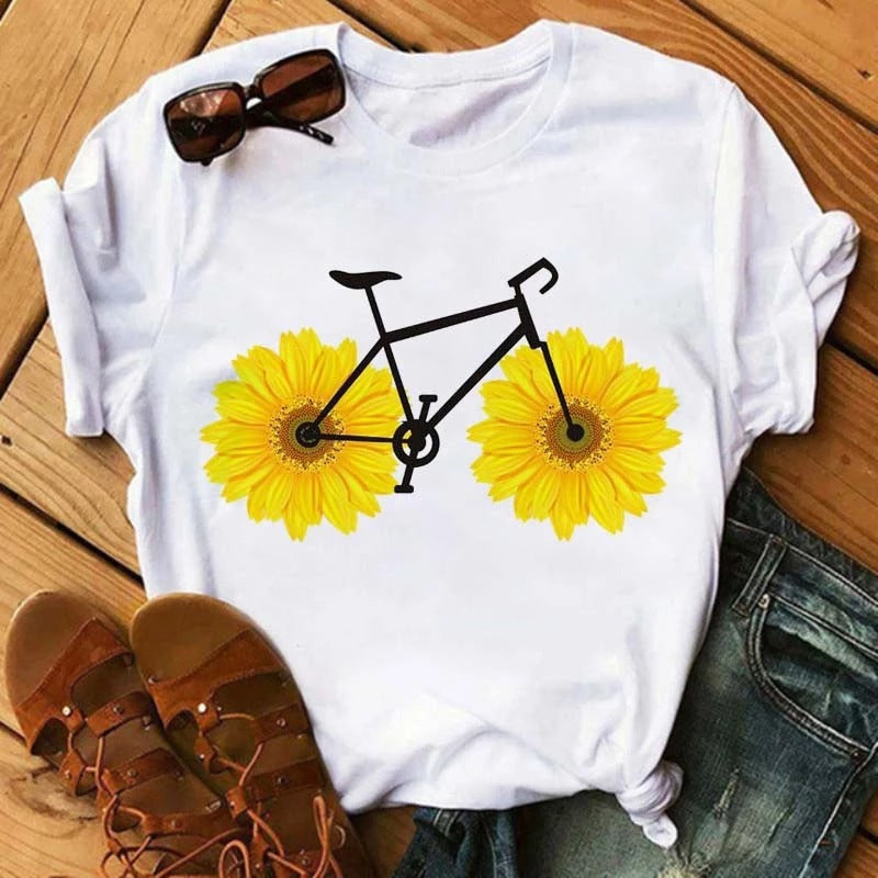 Camiseta holgada informal de manga corta con estampado de bicicleta para mujer