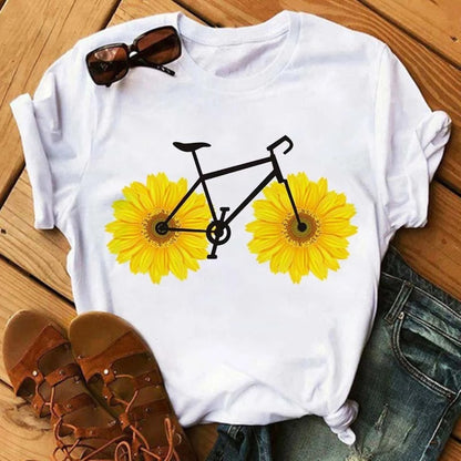 Camiseta holgada informal de manga corta con estampado de bicicleta para mujer