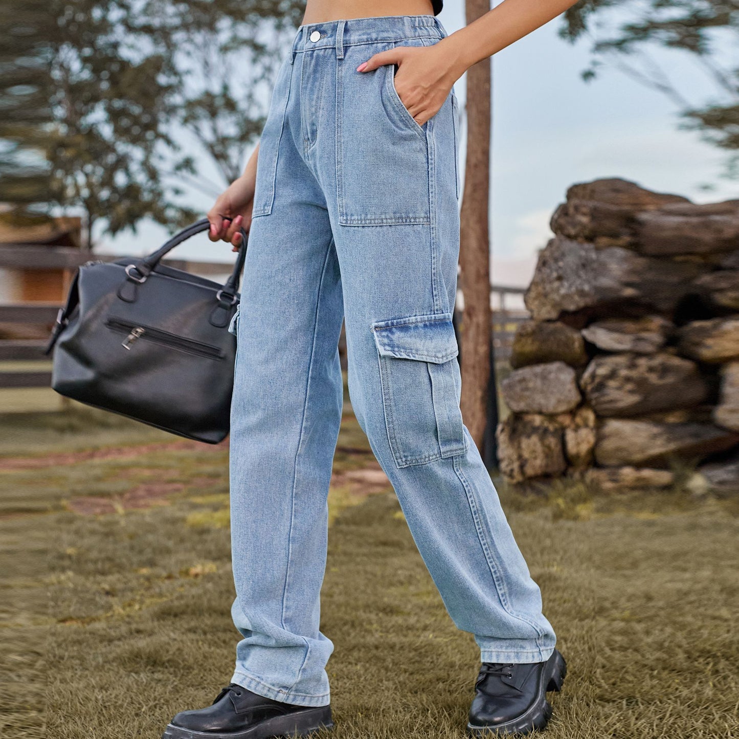 Women Fashion Casual High Waist Denim Cargo Pants