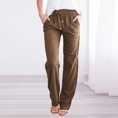 Women Casual Solid Color Cotton Linen Loose Drawstring Pants