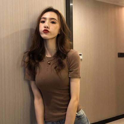 Camiseta básica informal de manga corta con cuello redondo y color liso para mujer