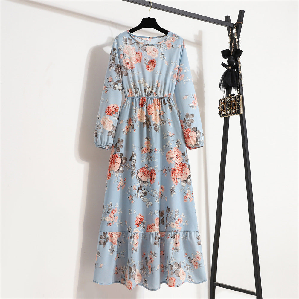Vestido largo informal de manga larga con cuello redondo y estampado floral para mujer