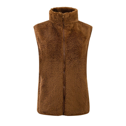 Chaleco informal de invierno de lana de color liso con cuello alto sin mangas para mujer