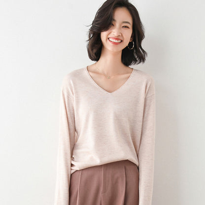 Women Fashion Casual Solid Color Round Neck V-Neck Long Sleeve Sweater