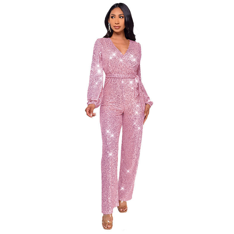 Women Fashion Casual Deep V Sequin Lace-Up Long Sleeve Jumpsuit