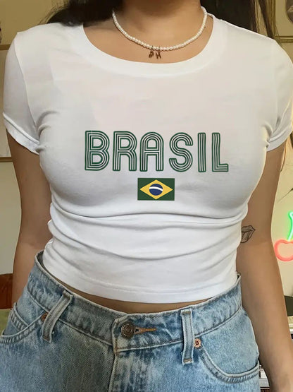 Camiseta corta informal de verano para mujer con estampado floral y letras, cuello redondo y manga corta