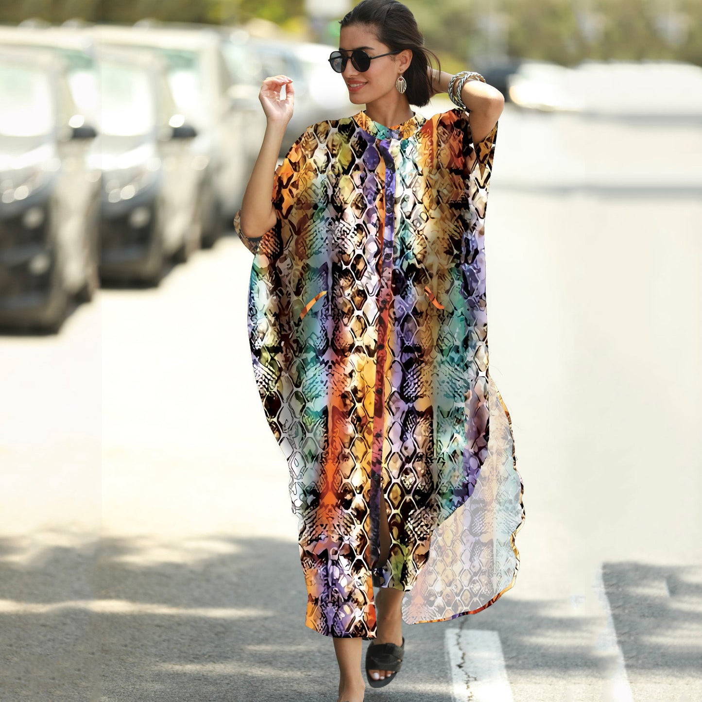 Women Casual Loose Stripe Leaf Feather Print Bikini Cover-Ups