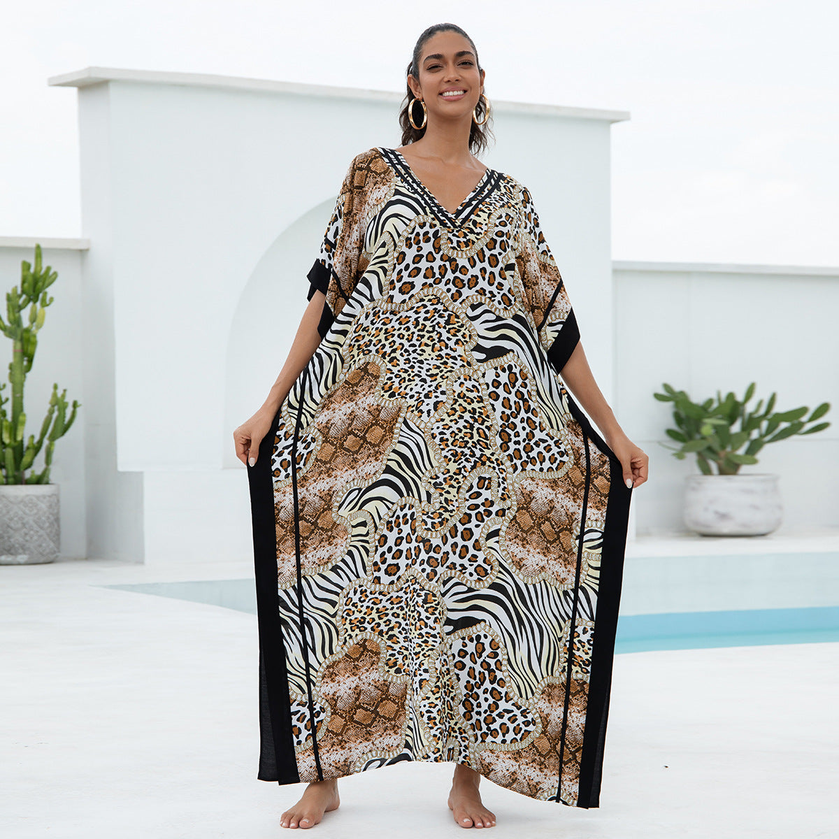 Traje de baño de playa holgado con cuello en V y estampado informal para mujer