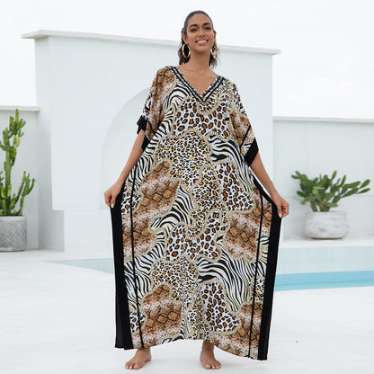 Traje de baño de playa holgado con cuello en V y estampado informal para mujer