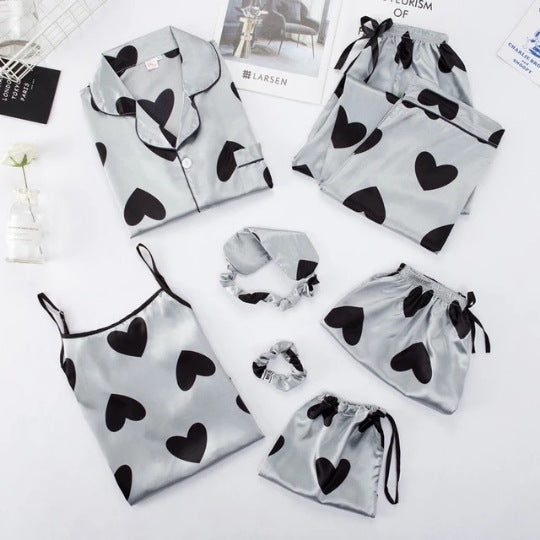 Conjunto de pijama fino de siete piezas con estampado de rayas informal sencillo para mujer
