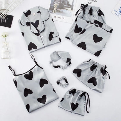 Conjunto de pijama fino de siete piezas con estampado de rayas informal sencillo para mujer