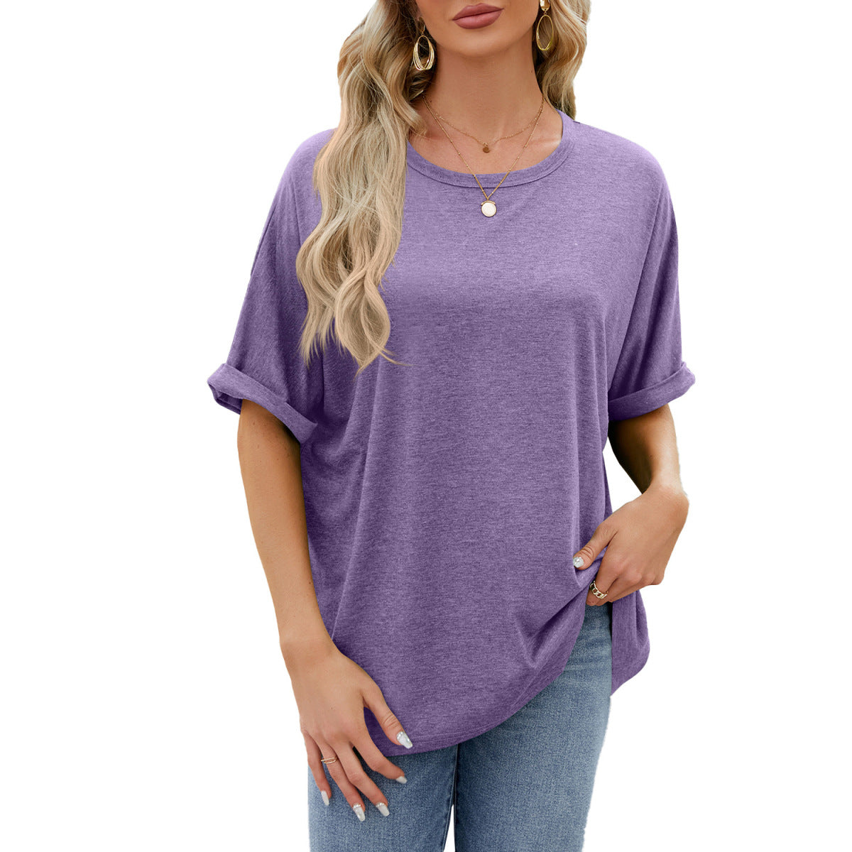 Camiseta informal de verano para mujer, color liso, cuello redondo y manga corta