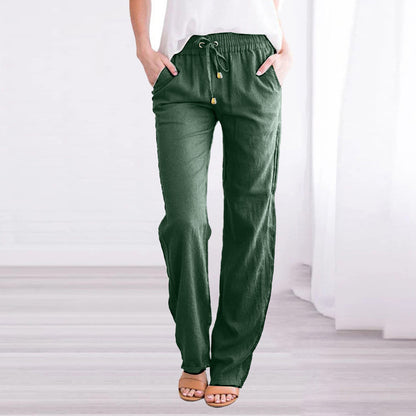 Women Casual Solid Color Cotton Linen Loose Drawstring Pants