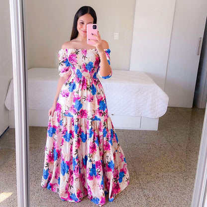 Summer Vacation Women Rainbow Color Floral Butterfly Large Swing Off Shoulder Casual Maxi Dress