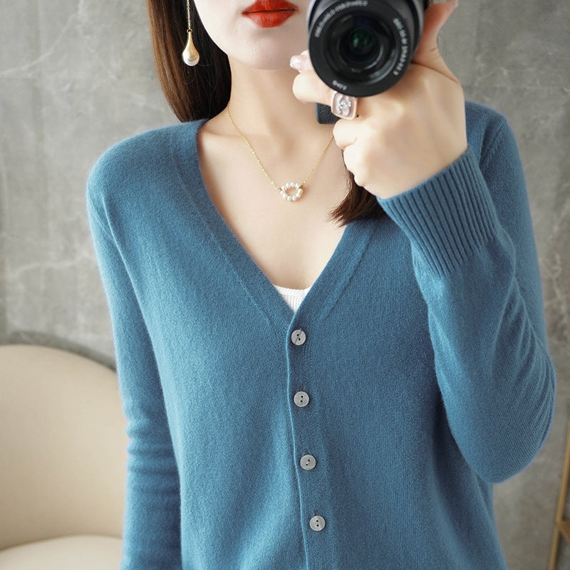 Chaqueta de punto con cuello en V informal de manga larga para mujer