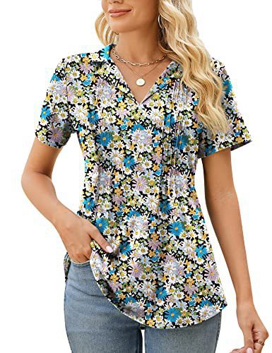 Camiseta informal de verano para mujer, con cuello en V y manga corta en blanco