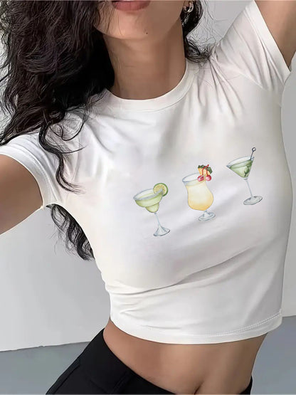 Camiseta corta informal de verano para mujer con estampado floral y letras, cuello redondo y manga corta