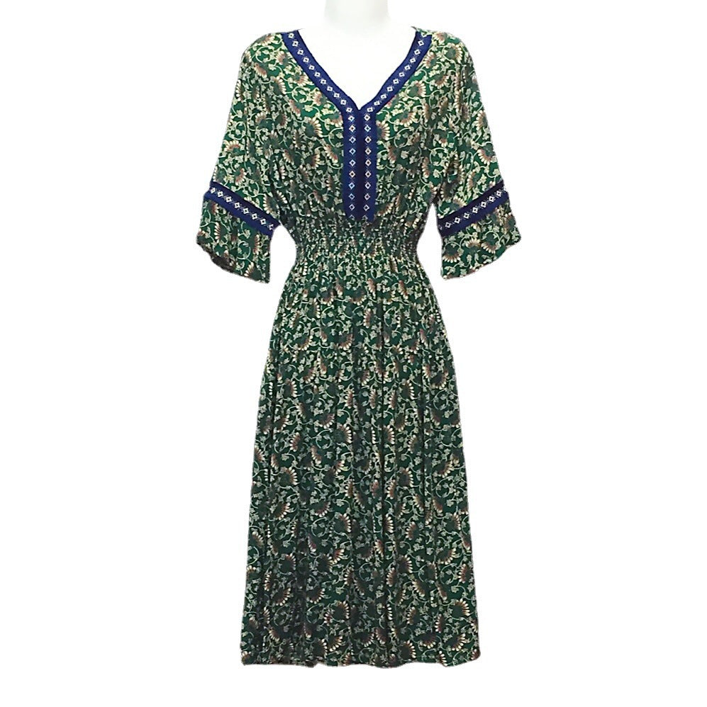 Vestido midi holgado informal de verano con cuello en V y mangas acampanadas para mujer