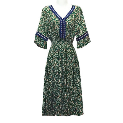 Vestido midi holgado informal de verano con cuello en V y mangas acampanadas para mujer