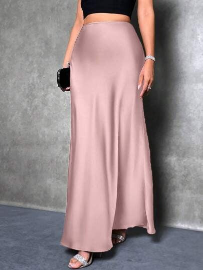Falda de satén de color liso informal de moda para mujer