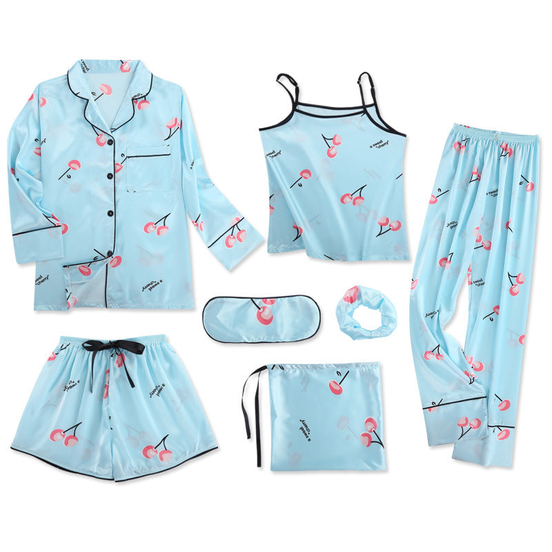 Conjunto de pijama fino de siete piezas con estampado de rayas informal sencillo para mujer