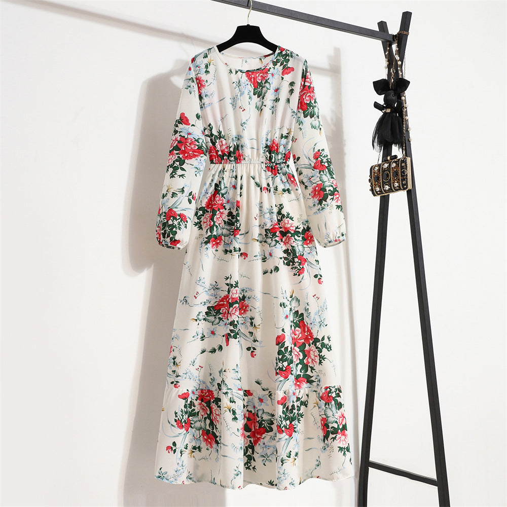 Vestido largo informal de manga larga con cuello redondo y estampado floral para mujer