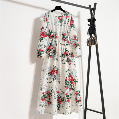 Vestido largo informal de manga larga con cuello redondo y estampado floral para mujer
