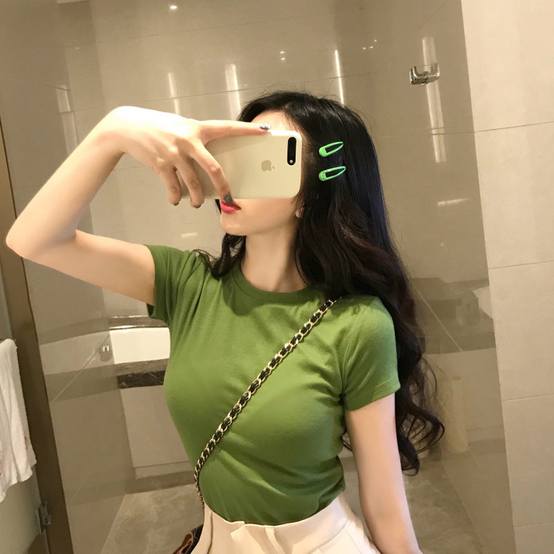 Camiseta básica informal de manga corta con cuello redondo y color liso para mujer