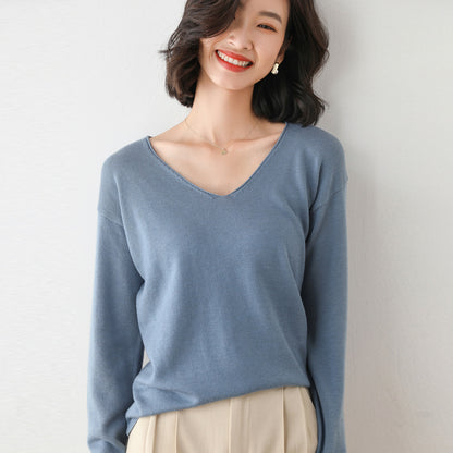 Women Fashion Casual Solid Color Round Neck V-Neck Long Sleeve Sweater
