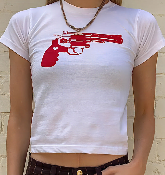 Camiseta corta informal de verano para mujer con estampado floral y letras, cuello redondo y manga corta