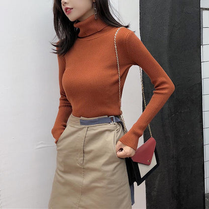 Top de punto de manga larga con cuello alto y color liso informal básico a la moda para mujer