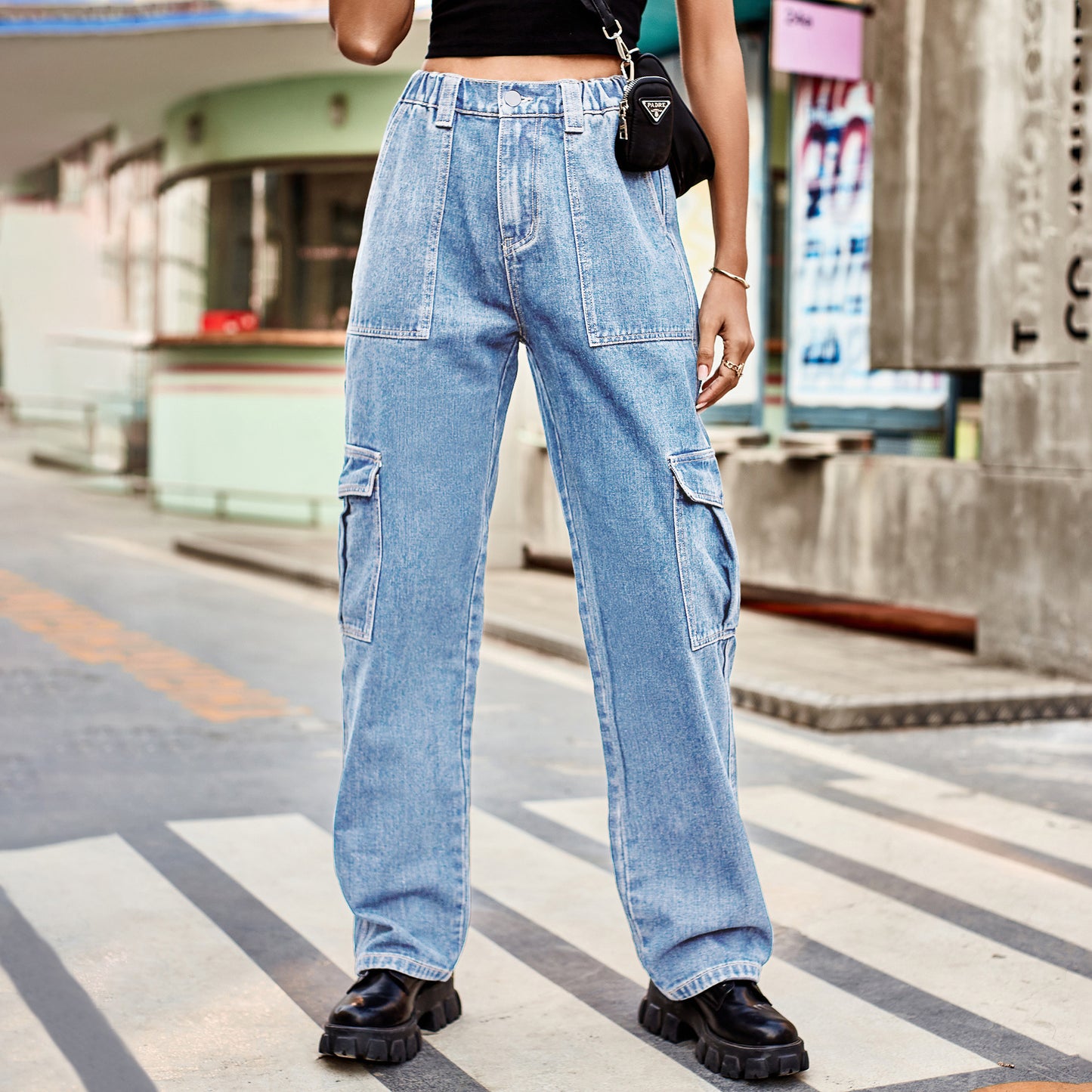 Women Fashion Casual High Waist Denim Cargo Pants