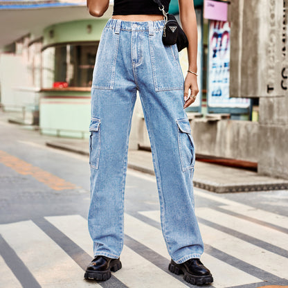Women Fashion Casual High Waist Denim Cargo Pants