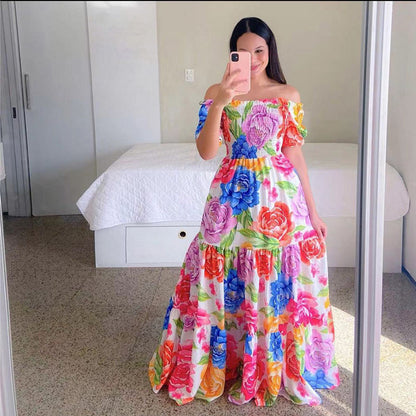 Summer Vacation Women Rainbow Color Floral Butterfly Large Swing Off Shoulder Casual Maxi Dress