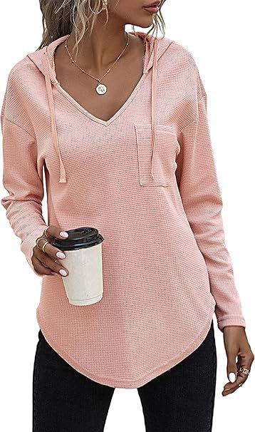 Women Fashion Casual V-Neck Drawstring Long Sleeve Hoodies