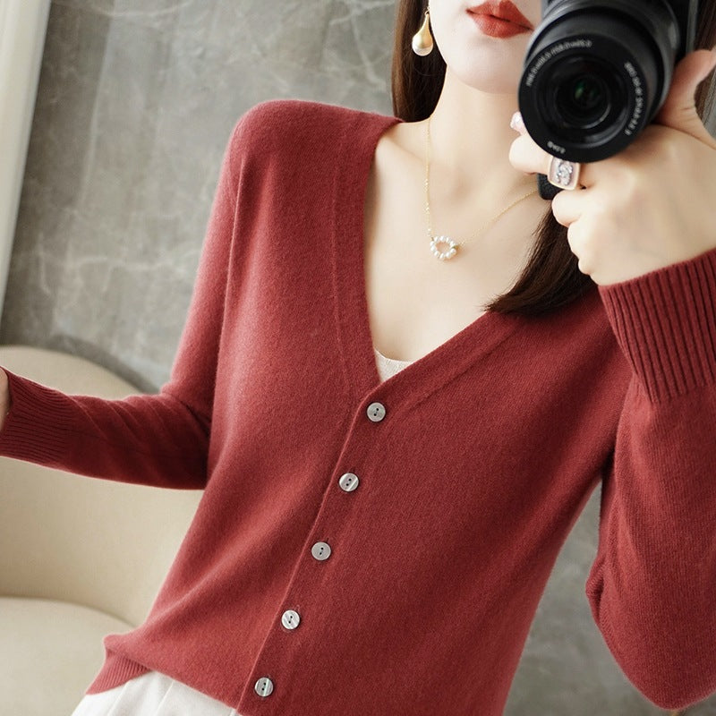 Chaqueta de punto con cuello en V informal de manga larga para mujer
