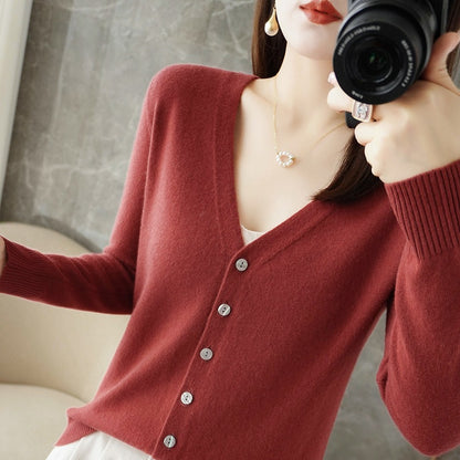 Chaqueta de punto con cuello en V informal de manga larga para mujer